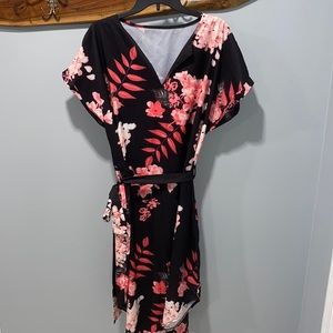 V neck floral black and pink dress with belt.